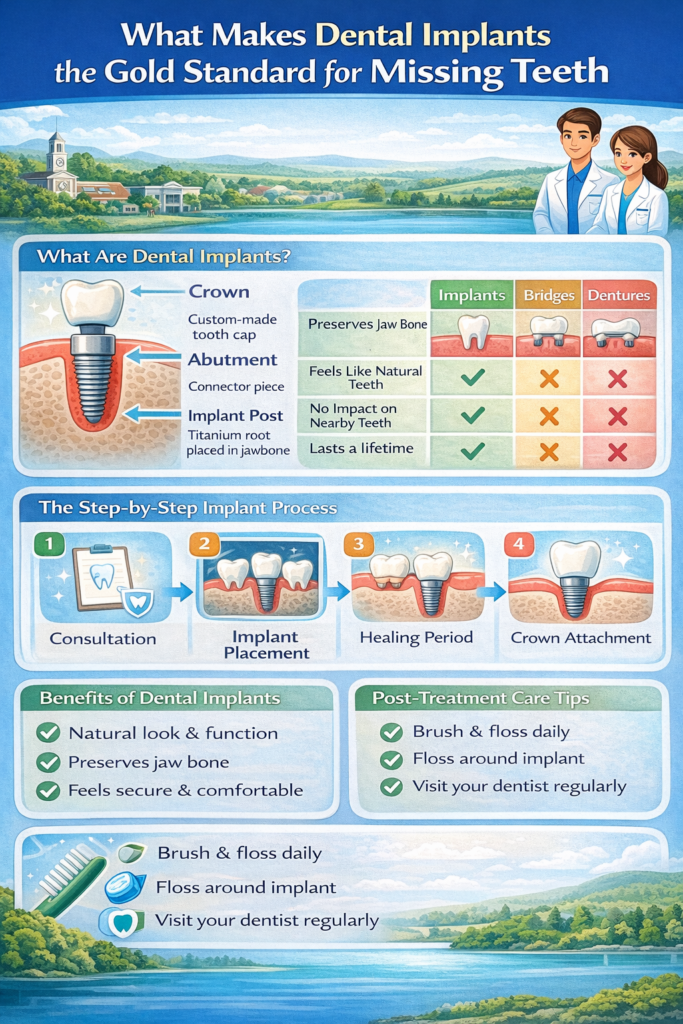 An infography showing benefits and process of Dental Implants in West Jordan